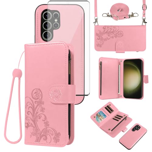 Coque Samsung S23 Ultra 5G avec porte-cartes à fleurs amovible et écran protégé
