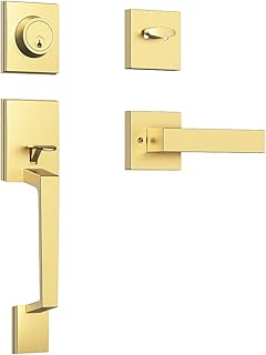 Front Door Handle Set Gold Heavy HandleSet Front Door Entry Handle and Deadbolt Lock Set Reversible for Right & Left Handed with Keys
