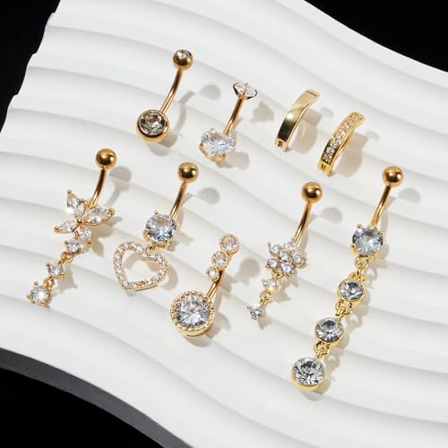 9PCS Belly Button Ring Dangle Stainless Steel Belly Rings 14G 1.6MM Belly Piercing Cute Navel Ring Piercing Jewelry Belly Ring for Women3