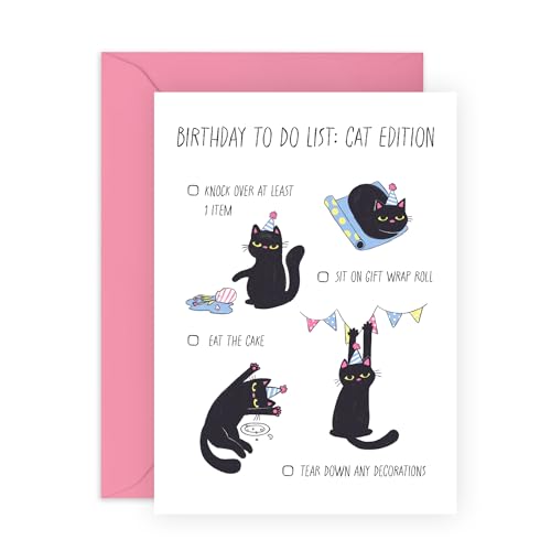 Cat Birthday Card - To-Do List – Funny Cat-Themed Gift for Car Lovers, Fur Mum or Dad, Pet Owners, Friends, Colleagues, Him, Her, Brother, Sister, Neighbour - Comes with Cute Stickers