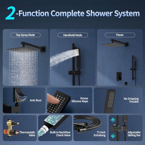 Image of SR SUN RISE 10 Inch Square Shower System with Slide Bar,Matte Black