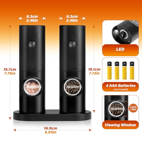 Simple Deluxe Electric Salt and Pepper Grinder Set, One Hand Adjustable Coarseness, Battery Powered with Stand, Seasoning Tools for Kitchen, Dining or Gifts, Black
