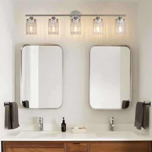 Image of Jonsi Nickel Bathroom Light Fixtures 5-Light Vanity Lights Modern Wall Sconce with Clear Glass Shade Brushed Nickel Bathroom Light Fixture Over Mirror for Bedroom Hallway Kitchen