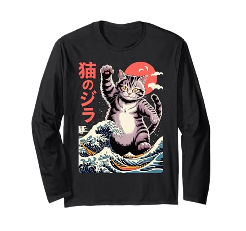 Japanese Cat Art Monster Wave Funny Cat For Men Women Kids Manga Larga