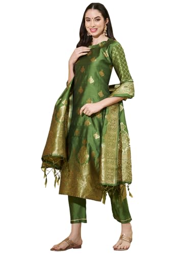 Image of VredeVogel Women's Cotton Silk Jacquard, Banarasi Silk Kurta Pant With Dupatta Set
