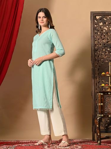 Image of Amazon Brand - Tavasya Women Cotton Katha Straight Regular Fit Kurta | Solid Ethnic Kurti | 3 /4 Sleeve Casual & Office Wear |Kurta for Women
