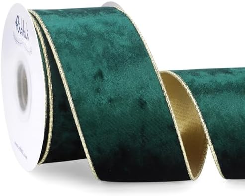 Ribbli Forest Green Velvet Wired Ribbon 2.5 Inch Metallic Dark Gr...