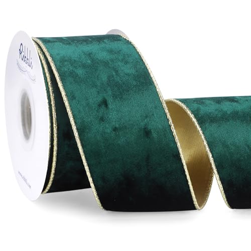 Image of Ribbli Forest Green Velvet Wired Ribbon 2.5 Inch Metallic Dark Green Gold Crushed Velvet Christmas Ribbon for Gift Wrapping Christmas Tree Decoration Crafts Wreaths Supplies-Continuous 10 Yards