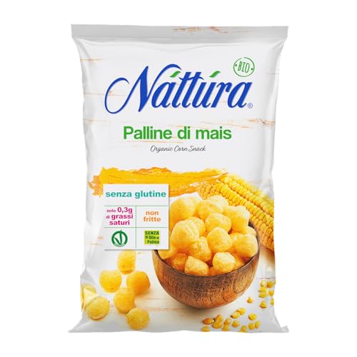 NATTURA Palline di Mais Bio, Snack Senza Glutine e Lattosio a Base di Mais 100% Italiano, Senza Olio di Palma, Prodotto Vegano Non Fritto, a Basso Contenuto di Grassi Saturi, Confezione da 50 g
