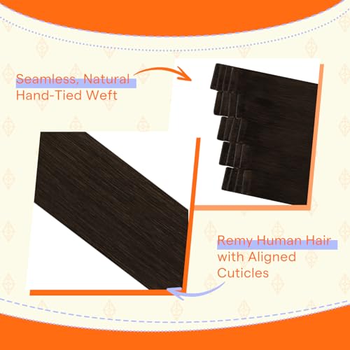 Image of Full Shine Tape in Extensions Human Hair 16 Inch Color 2 Dark Brown Invisible Hand Tied Weft Hair Extensions Real Human Hair Tape in 20PCS Natural Seamless Soft and Silky 40g Add Volume