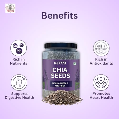 Image of RJ 7773 Chia Seeds - 100% Clean Chia Seeds for Eating | Certified Organic | Seeds for Weight Management | Rich in Calcium, Protein & Fiber, Omega 3 and Antioxidant | Healthy Snacks (1Kg)