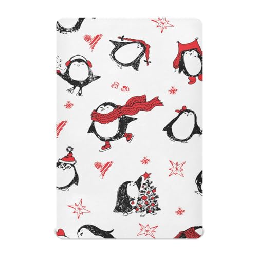 Moudou Christmas Penguin Playard Sheet for Boy Girls, Soft Breathable Fitted Toddler Sheet for Standard Playard Bed Mattress, 39 x 27 x 5 Inch