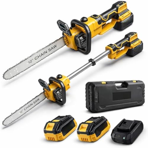 Image of 21V Brushless Telescopic Chainsaw - 12 Inch Cordless Pole Saw for Tree Trimming & Branch Cutting - Extends 3 Ft, with 2 Batteries, Fast Charger & Carrying Case, for Home and Garden Use