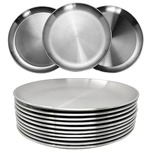 WANBY Stainless Steel Plates 304 Metal Lightweight Steel Plate Unbreakable Dinner Dishes Plates Set Non-Toxin Dishwasher Safe BPA Free and Healthy (10 Pcs)