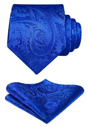 HISDERN Cravate Homme bleu roi Paisley Cravates en Soie pour Hommes Mariage Cravatte et Pochette Set