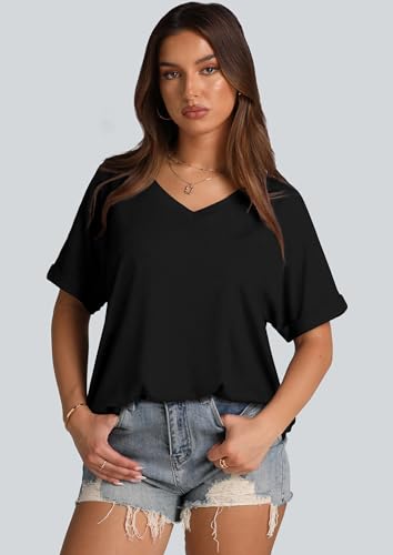 WIHOLL Womens Oversized Tshirts Summer Tops 2025 Short Sleeve V Neck Shirts Outfits Plus Size Clothes3