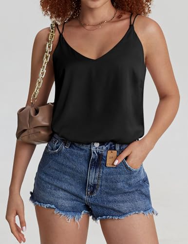 Image of Ekouaer Womens 2-Pack Silk Satin Camisole Tank Top V Neck Sexy Cross Back Spaghetti Strap Cami Sleeveless Lounge Tops S-XXL