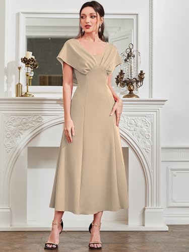 Image of Shasmi Women's & Girl's Solid A-Line Maxi Dress | V-Neck Pleated Bodice | Cap Batwing Sleeves | Fit & Flare Evening Gown (Dress 274)