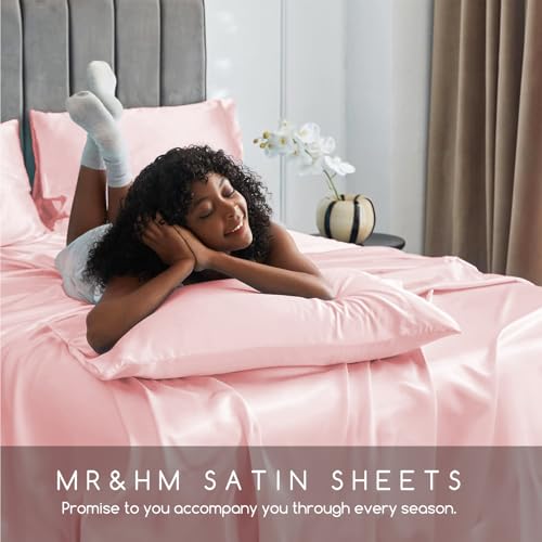 Image of MR&HM Satin Bed Sheets, Full Size Sheets Set, 4 Pcs Silky Bedding Set with 15 Inches Deep Pocket for Mattress (Full, Light Pink)