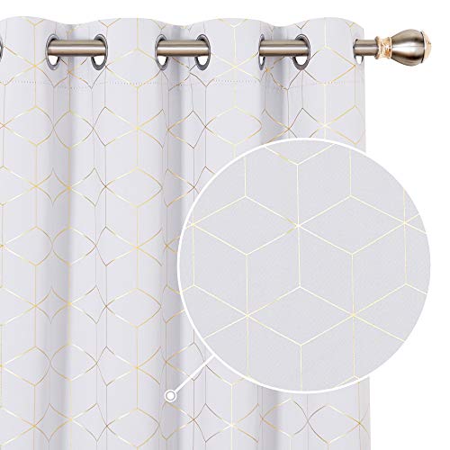 Deconovo 1 Paire de Rideaux occultants à ?illets, Motif de Losanges dorés, Isolation Thermique Anti Froid, pour Salon, 167,6 x 228,6 cm (Largeur x Longueur) - Blanc grisatre