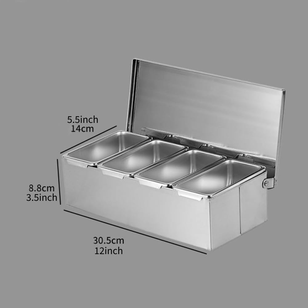 Contenitori per condimenti in acciaio inossidabile, contenitori con coperchio, cucchiai, 4 scomparti, scatola organizer per condimenti, grande capacità, contenitore per condimenti per cucina