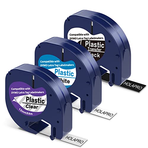 3 Pack Compatible with DYMO LetraTag Refills 12mm x 4m 1/2 x 13 LT Plastic Label Tape Replacement for DYMO LT-100H LT-100T LT-110T QX50 XR XM 2000 Black on White/Black on Clear/White on Black