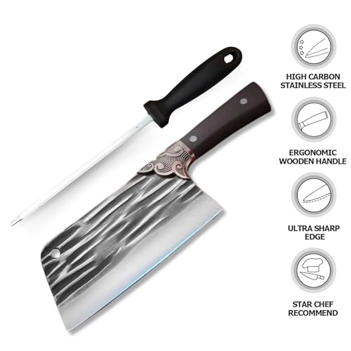 Image of Machado Forging Serbian Chef Knife Set - 12 inch Full Tang High Carbon Clad Steel Butcher Cleaver with Knife Sharpener - Perfect for Vegetables, Fish, Meat - Ideal for Kitchen, Hotel, Restaurant