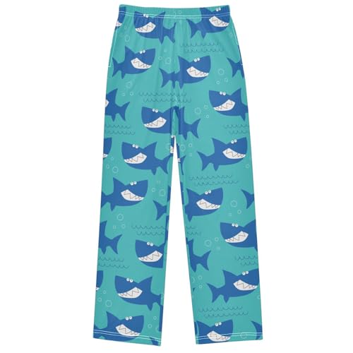Boy's Pj Pants Happy Blue Shark White Teeth Lounge Bottoms Elastic Waist Kids Joggers with Pockets Size 6-14