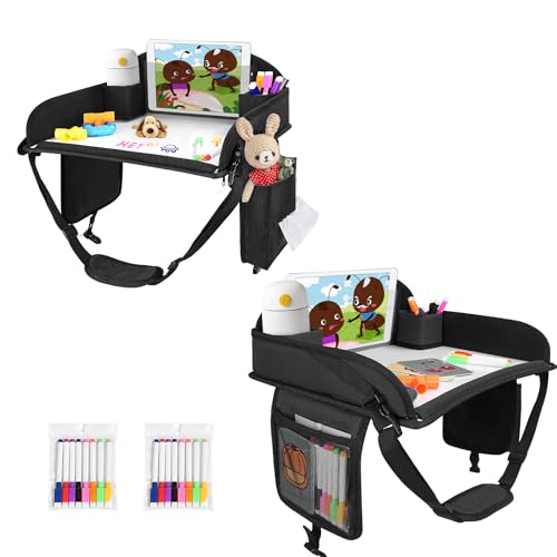 2Pcs ‎Kids Travel Tray, Kids Travel Trays for Car Seat, Road Trip Essentials for Toddler, Carseat Lap Tray with Dry Erase Board & Storage Organizer for Road Trip Activities for Kid, Black