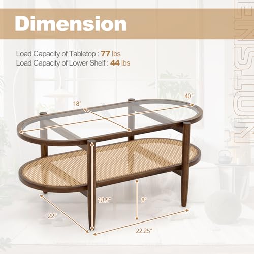 Giantex Brown Boho 2-Tier Acacia Wood Coffee Table with Glass Top & Storageshelf