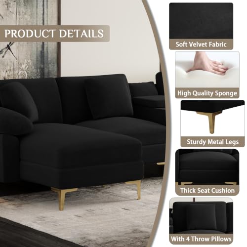 Image of OUYESSIR U-Shaped Sectional Sofa Couch, 4 Seat Sofa Set for Living Room, Convertible U-Shaped Velvet Couch Set with USB Port Central Console Ottoman,128 inches (Black)