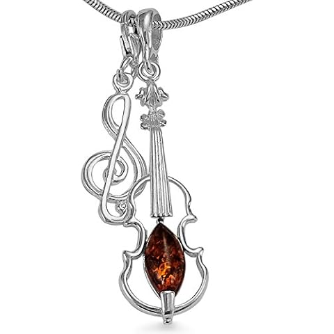 Musiker-Schmuck Geige Violine Viola Bratsche Bernstein Anhänger mit Notenschlüssel Kettenanhänger inkl. 1,4mm Schlangenkette 40 45 50 55cm 925 Sterlingsilber ,gratis Geschenkbox #1685 (55) Cover