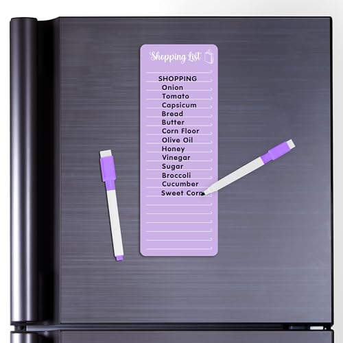 Image of Clickedin Magnetic Shopping List Grocery Fridge Magnet, 10x24 cm Acrylic Board with Marker (Purple)