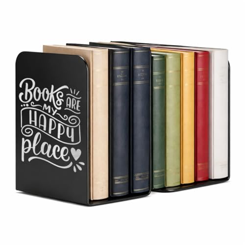 Image of 2 Heavy Duty Metal Bookends for Books | File, CD, Book Holder, & Durable Book Stand for Home, Office, School & Study Table Heavy Duty bookends (Set of 2) (Books are My Happy Place)