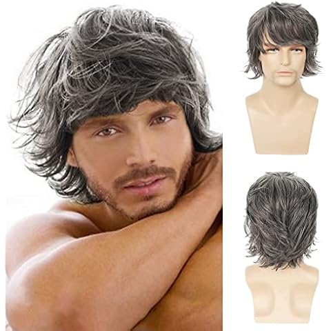 kurze Herren graue Perücke natürliche geschichtete flauschige Perücke synthetische Halloween Cosplay Perücke Haarersatz Perücke Cover