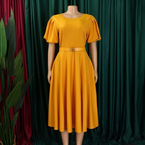 Women's Stylish Round Neck Puff Sleeve Dress Elegant Short Sleeve High Waist A-Line Big Swing Office Dress with Belt (Color : Yellow, Size : Small)3