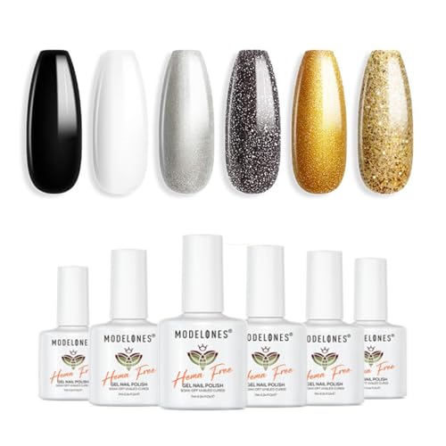 Image of modelones Hema-free Gel Nail Polish Set 15ML 12Pcs,Black Gold White Gel Polish Kit Soak Off Gel Polish Set Manicure Nail Art Salon Home