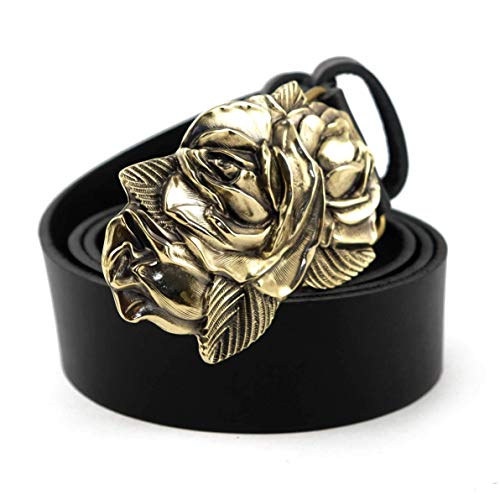 Leather belt with brass buckle Rose American Beauty, Handmade rose flower women accessories, floral brass artwork with casual leather belt
