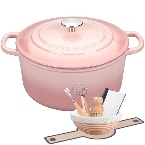EDGING CASTING Enameled Cast Iron Dutch Oven with Sourdough Bread Baking Kit Bread Dutch Oven with Lid Includes Proofing Basket & Baking Tools 5qt Pink