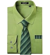 Men's Solid Long Sleeve Dress Shirt with Matching Tie and Handkerchief Set Classic Button Down Fo...