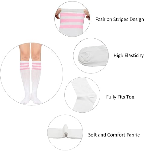 Zando Outdoor Athletic Knee High Socks - Women's Soft Tall Tube Socks with Elastic - Extra Long, Stripes - White & Pink - One Size