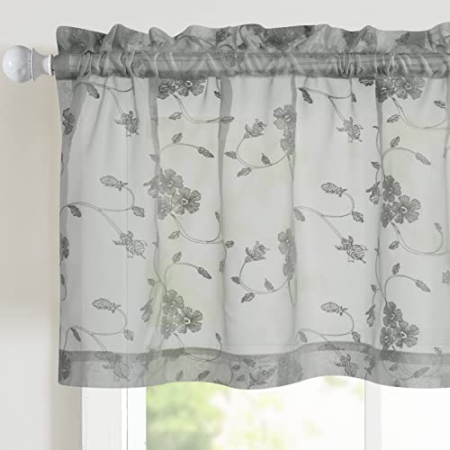 Lazzzy Grey Sheer Valance Curtain Floral Embroidered Semi Sheer Small Window Treatment Curtain Rod Pocket Valance For Kitchen Living Room Bathroom 16 Inch 1 Panel Gray #TOP14