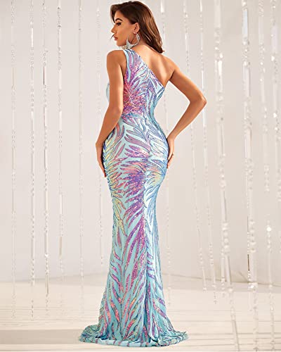 Women's One Shoulder Holographic Sequin Dresses Evening Gown Formal Prom Maxi Dress3