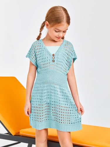 Image of Haloumoning Girls Crochet Swim Beach Cover Up Kids Fashion Button Short Sleeve Swimsuits Cover Ups 5-14 Years