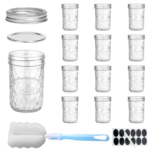 12 Barattoli per Conserve con Motivo a Diamante, Vasetti da 250 ml, Barattolis con Tappo a Vite per Conserve, Barattolo di Stoccaggio Alimentare, per Sottaceti, Spezie, Marmellata, Miele, Yogurt