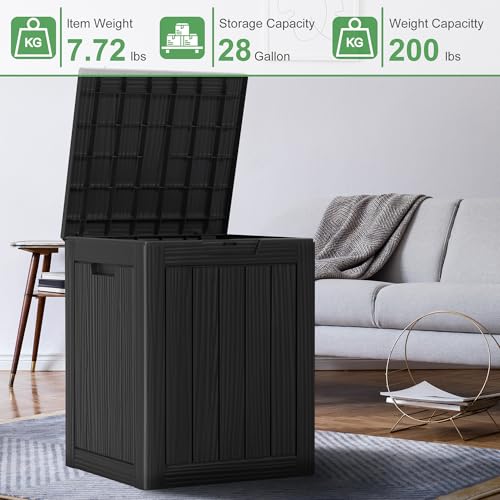 Image of ROJIK Outdoor Storage Housing Deck Box - Waterproof Patio Furniture, Garden Tools, Cushions, Pool Accessories Storage Bench with Lockable Lid and Side Handles (Black, 28 Gal)