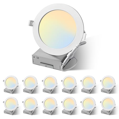 LMP 12 Pack 6 Inch 5CCT Ultra-Thin LED Recessed Ceiling Light with Junction Box, Selectable 2700K/3000K/3500K/4000K/5000K, 12W, 1000LM Brightness, CRI90+, Dimmable Canless Lights Downlight