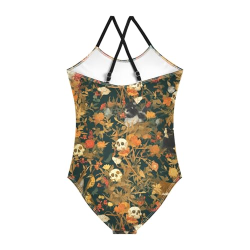 Skeleton Cats Flowers Happy Halloween Moss Green Kids Girls 1 Piece Swim Suit Summer Swimwear Adjustable Strap UPF 50+2