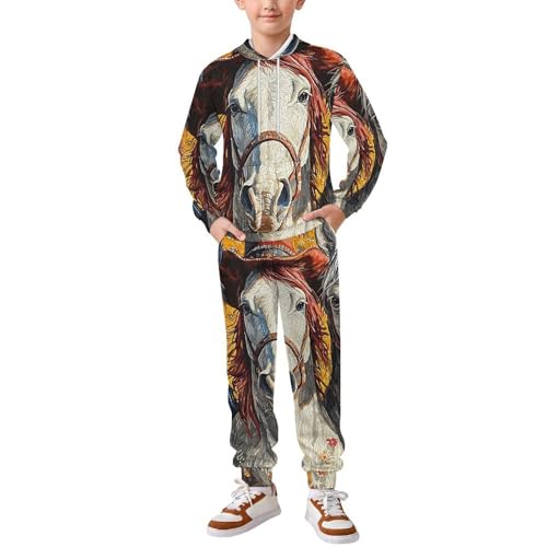 Boys Girls Pullover Hoodie and Pants Outfit 2PCS Set Sweatshirt for Kids, Western Cowboy Horse West Art