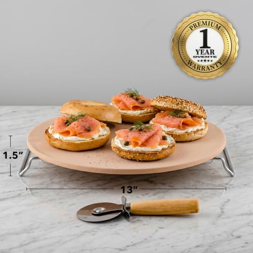 Image of OVENTE 13 inch Round Pizza Stone for Oven and Grill, Beige BW10132 | Heat Resistant Flat Ceramic w / Cutter Wheel, Metal Rack Stand, Ideal for Making Crisp Crust Flatbread, Bread, Cookies & More